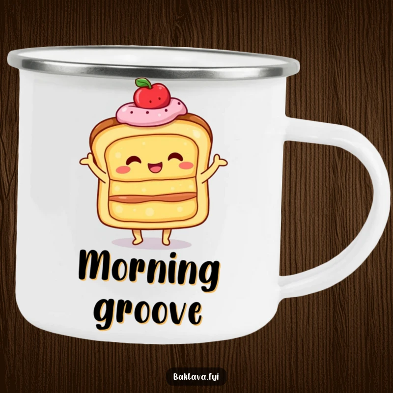Funny happy, layered pastry doing a little shimmy, on a rugged camping mug, perfect for outdoor enjoyment with celebratory humor.