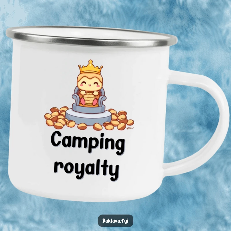 Funny shy baklava camping mug wearing a crown, ready to conquer the wilderness with a touch of regal shyness.