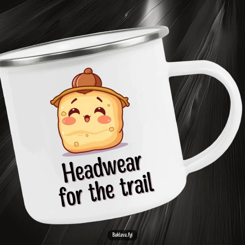 Funny surprised baklava wearing a walnut hat, tilting its head, a durable camping mug for outdoor laughs.