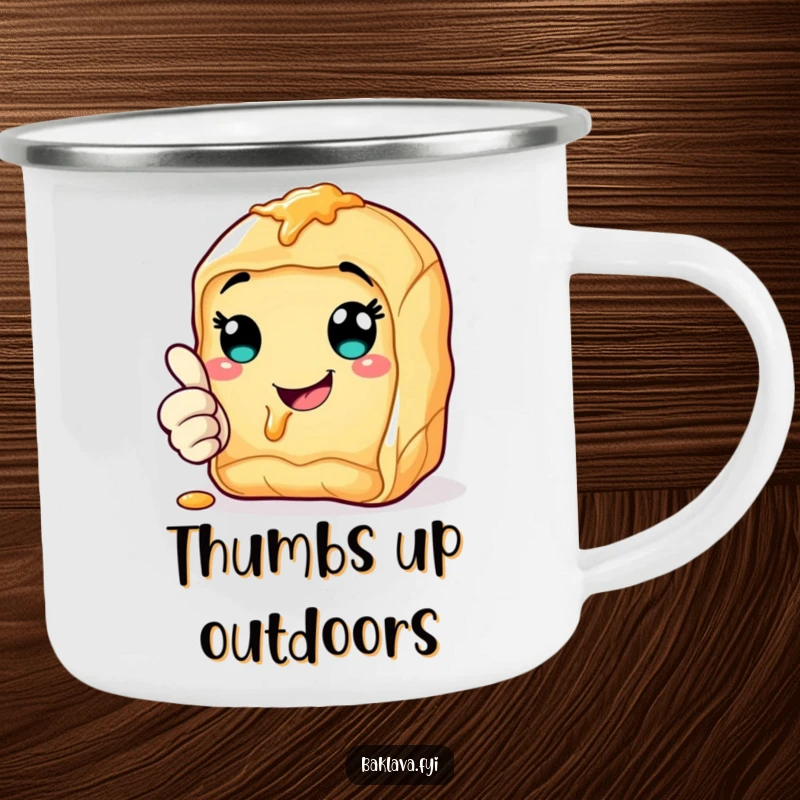 Funny cheerful baklava camping mug giving a thumbs up with a syrupy smile, perfect for outdoor enjoyment.