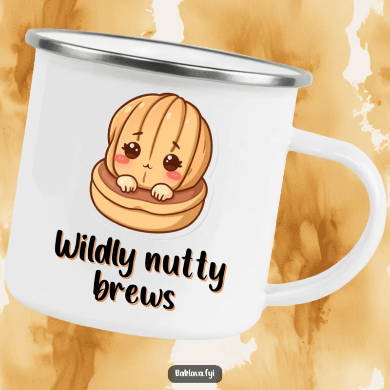 Funny curious walnut peeking from a pastry on a sturdy camping mug, designed for humor during outdoor activities.