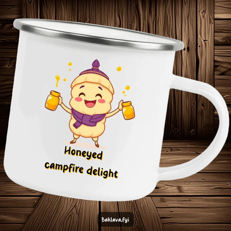 Funny camping mug: a grinning baklava character juggles honey jars, perfect for outdoor fun.
