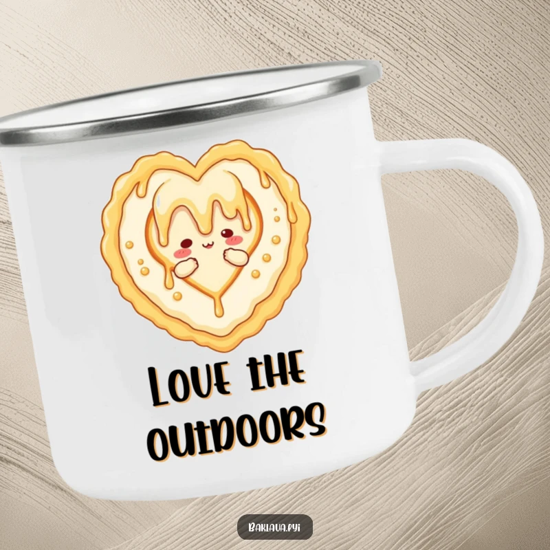 Funny camping mug with a honey drizzle character forming a heart around baklava, perfect for outdoor enjoyment and sweet, loving sips.