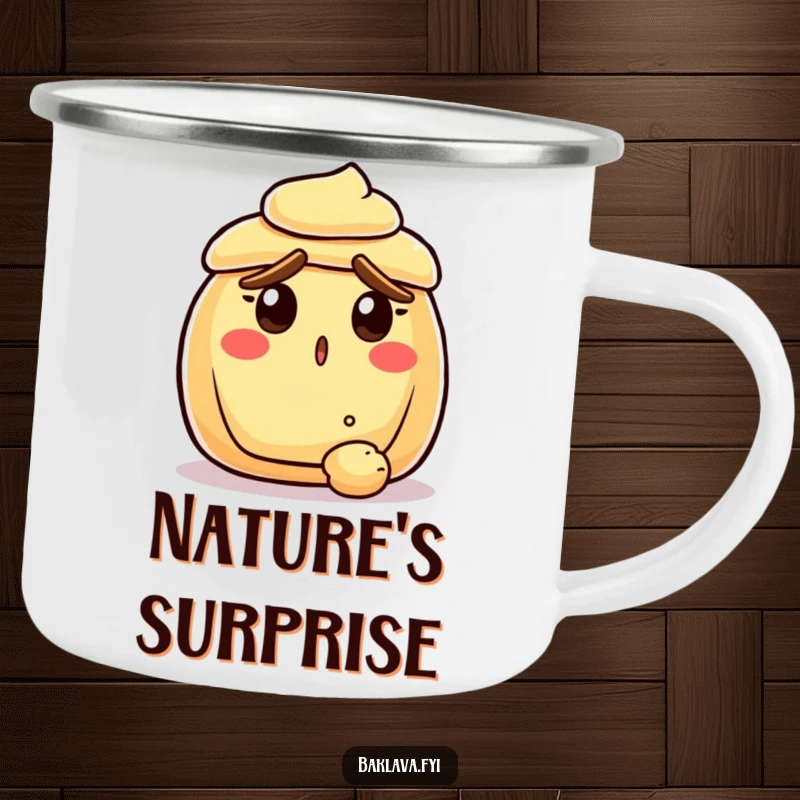 Funny surprised pastry with raised crust eyebrows, reacting to a falling crumb, on a rugged camping mug, perfect for outdoor enjoyment with humor.