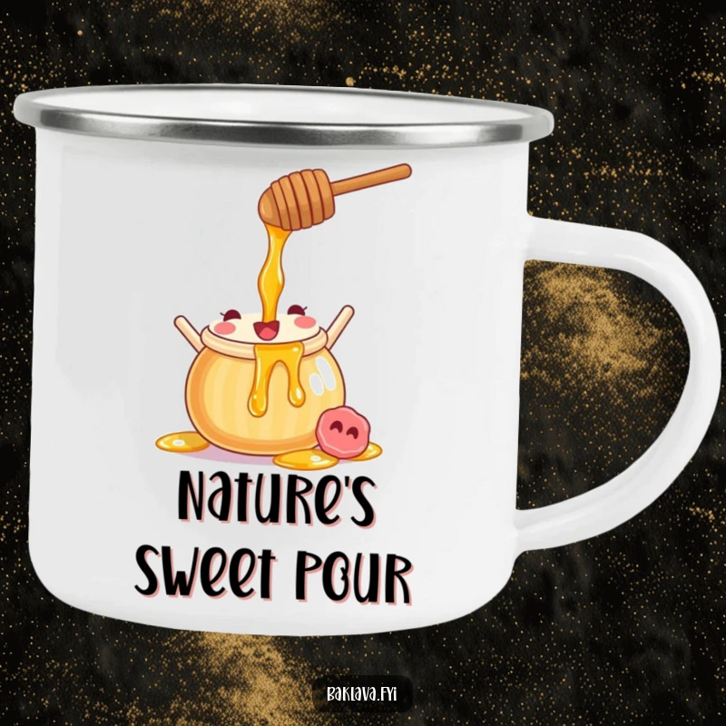 Funny honey pot camping mug with a joyful character pouring sweet syrup, designed for outdoor sweetness.