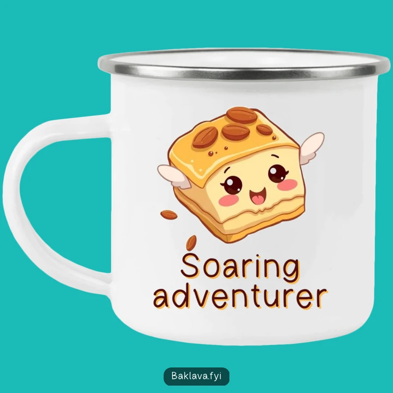 Funny Baklava Camping Mug: Almond Slice Flying Attempt, Outdoor Hilarious Fun Gift