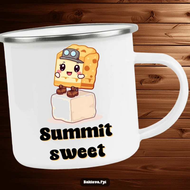 Funny Camping Mug: A baklava slice with explorer boots climbs a sugar cube, humorous for outdoor adventures.