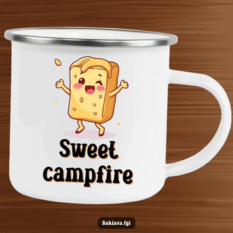 Funny syrupy baklava doing a happy dance, a durable and funny camping mug.