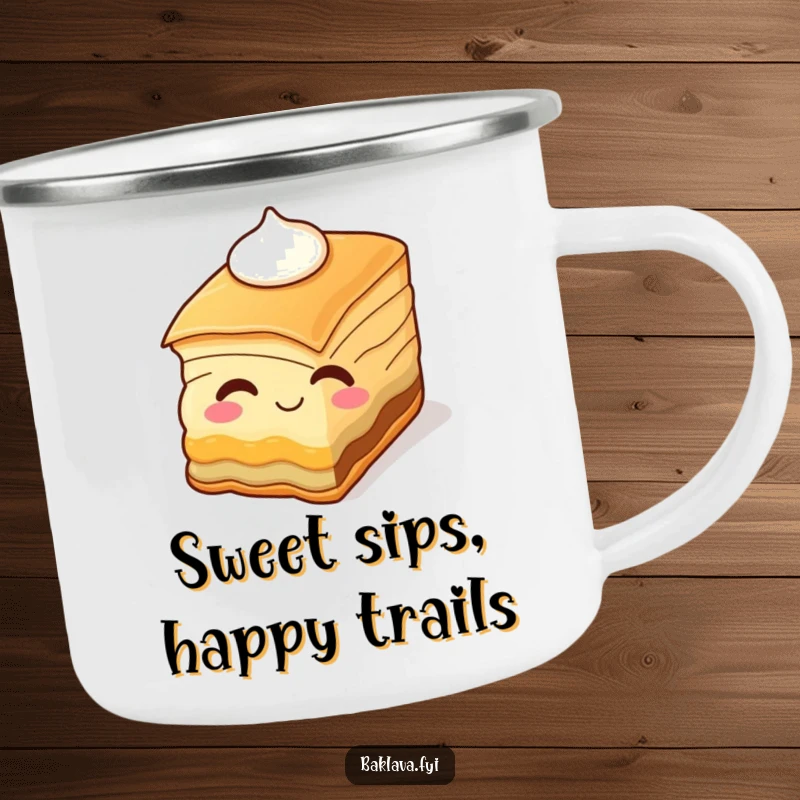 Funny baklava slice winking with cream, on a sturdy camping mug. A humorous and portable dessert-themed item.
