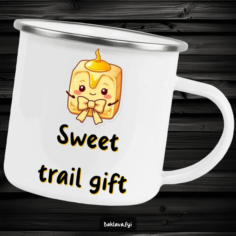 Funny Baklava Camping Mug with a charming slice dripping with syrup, presenting a bow, perfect for sweet outdoor sips.