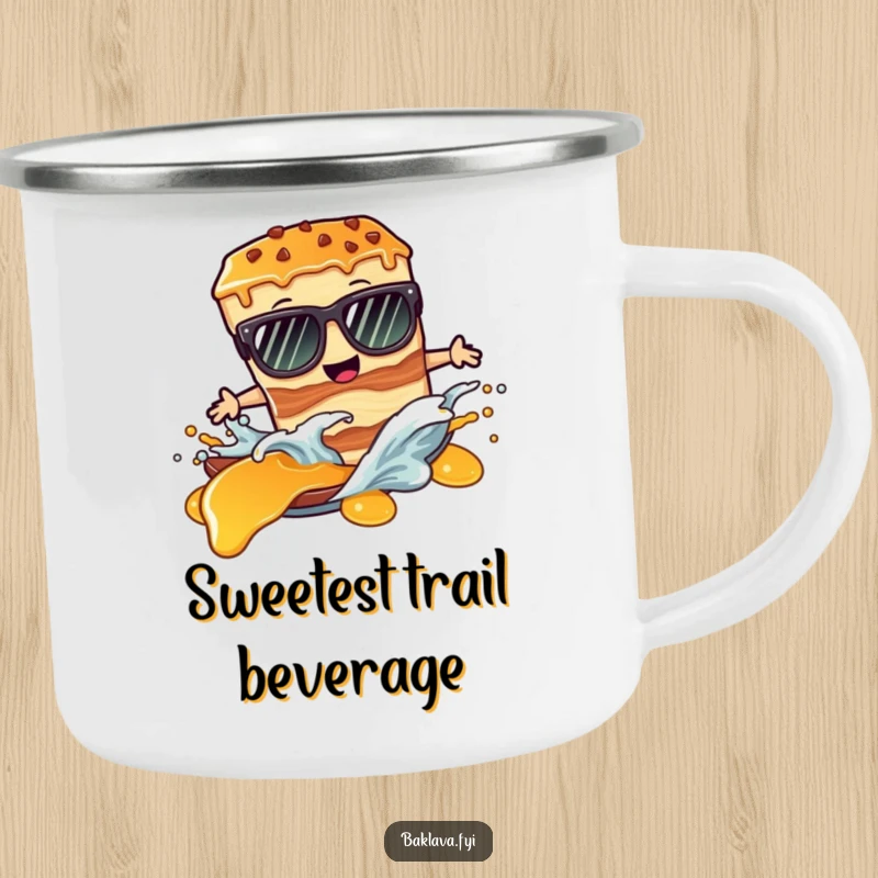Funny camping mug: a baklava slice in sunglasses surfs a syrup wave, ready for the wild.
