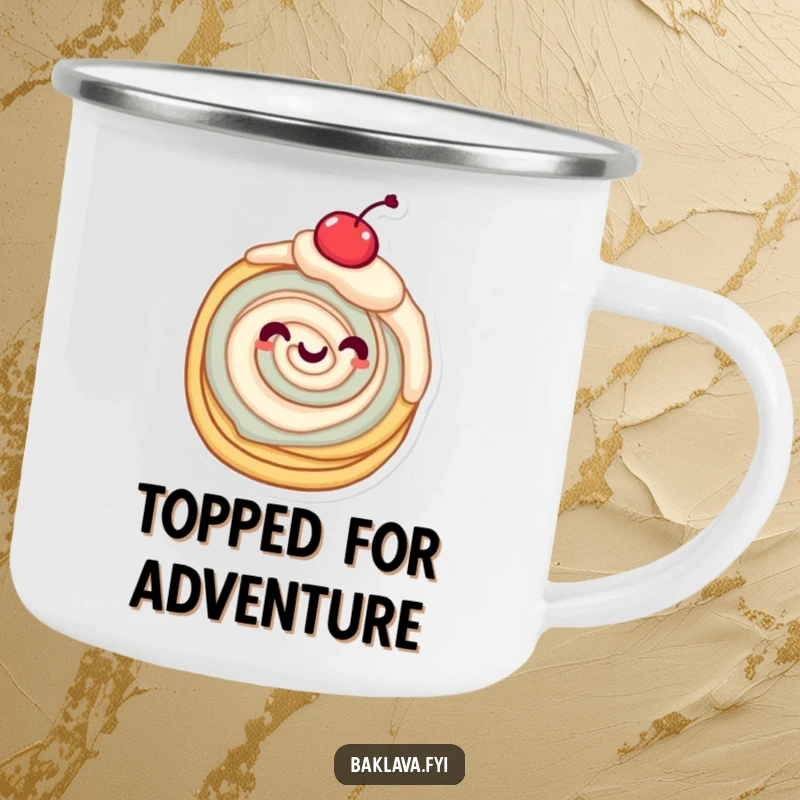 Funny pastry character twirling with a cherry, a sweet and durable funny camping mug.