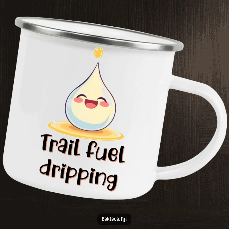Funny giggling syrup droplet splashing happily on a sturdy camping mug, perfect for bringing smiles outdoors.