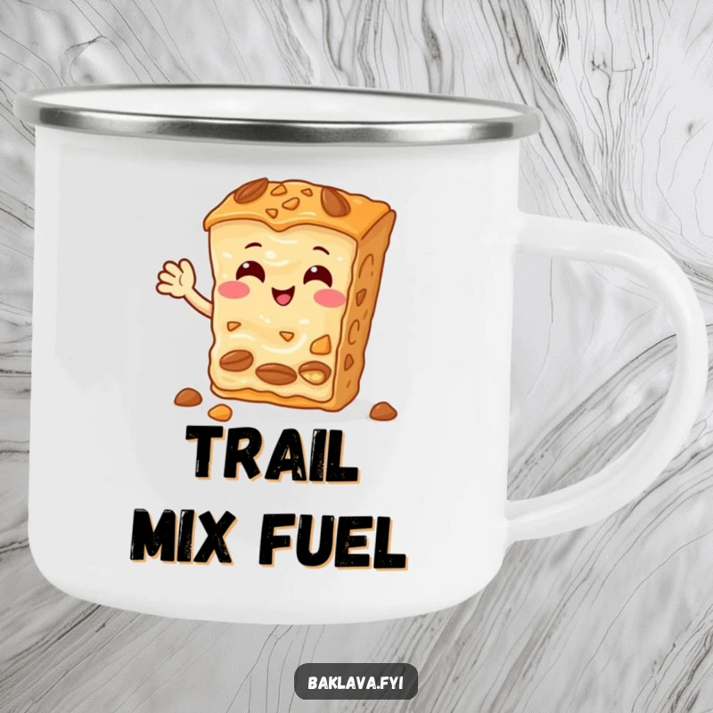 Funny Baklava Camping Mug with a cheerful nutty slice waving hello, perfect for sweet sips on the go.