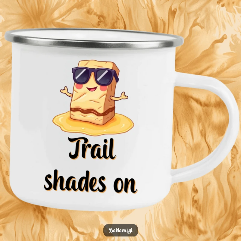 Funny Camping Mug: A baklava slice in sunglasses poses on syrup, humorous for outdoor adventures.