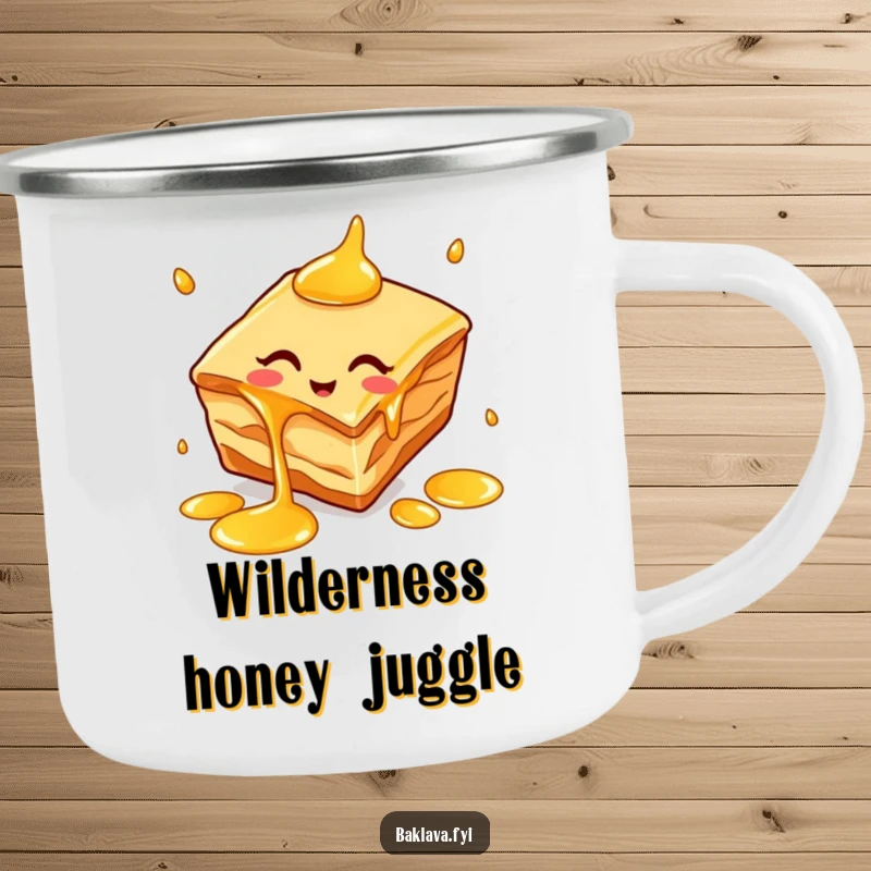 Funny baklava slice camping mug with a cheerful dessert juggling honey drips, designed for outdoor enjoyment.