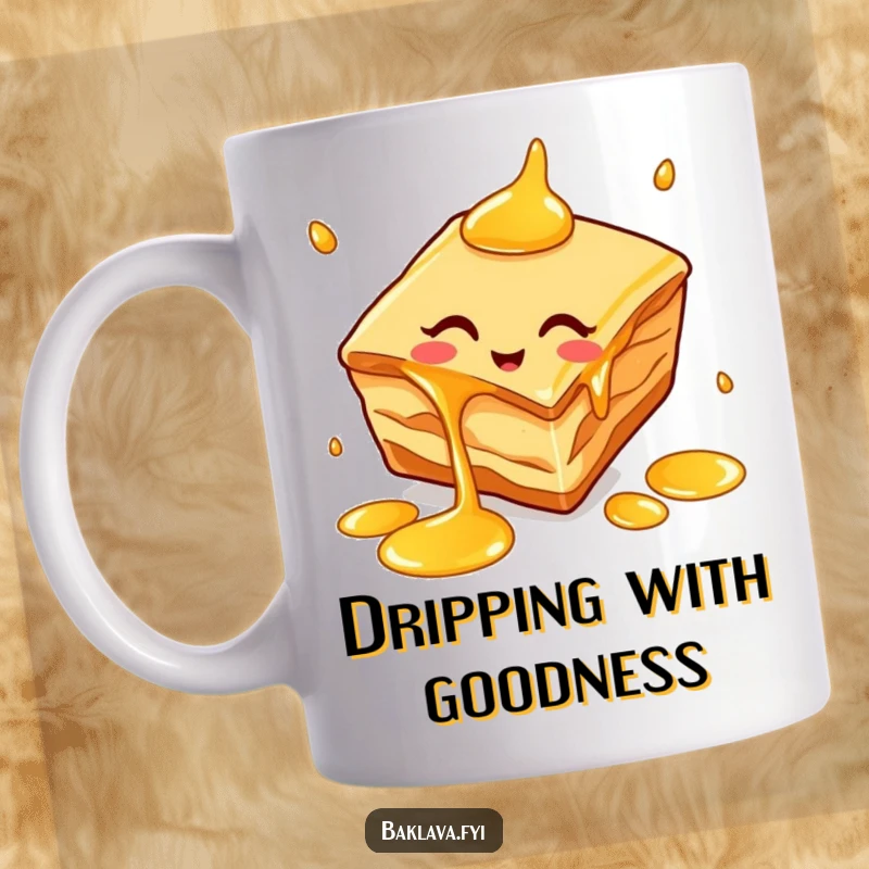 Funny baklava slice mug playfully juggling dripping honey, showcasing a cheerful and skillful dessert character.