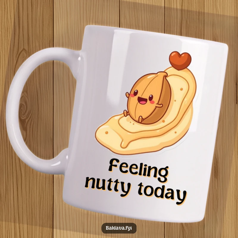 Funny mug depicting a nut character excitedly rolling down a hill shaped like flaky pastry, capturing a moment of pure sweet-themed joy.