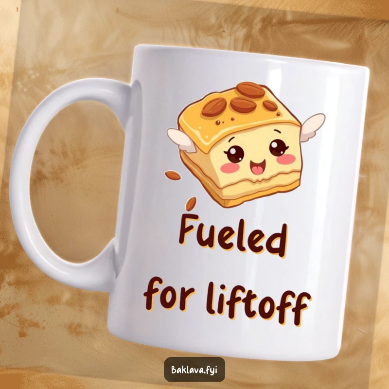 Funny Baklava Mug featuring an almond-studded slice comically attempting to fly with determined effort.
