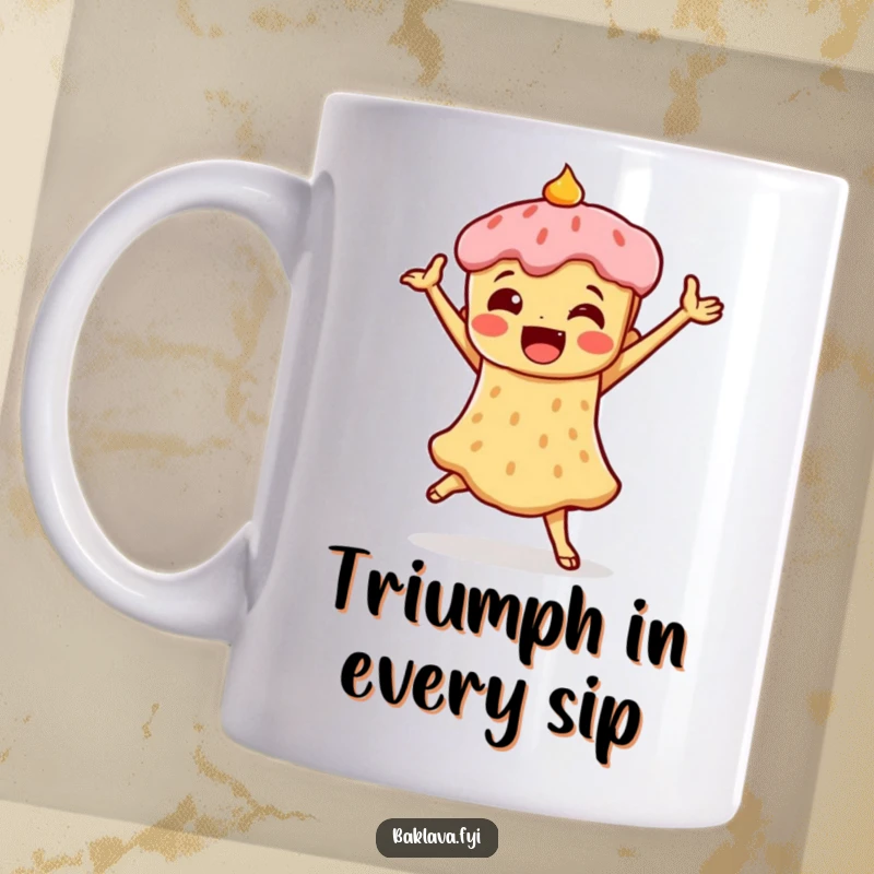Funny mug featuring a piece of baklava in a triumphant dance pose, celebrating sweetness and joyful movement.