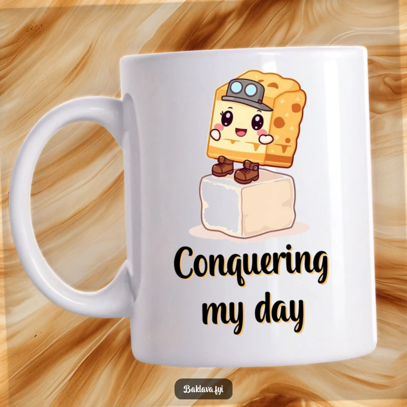 Funny Mug: A baklava slice in explorer boots climbs a sugar cube, embodying a funny, determined spirit.