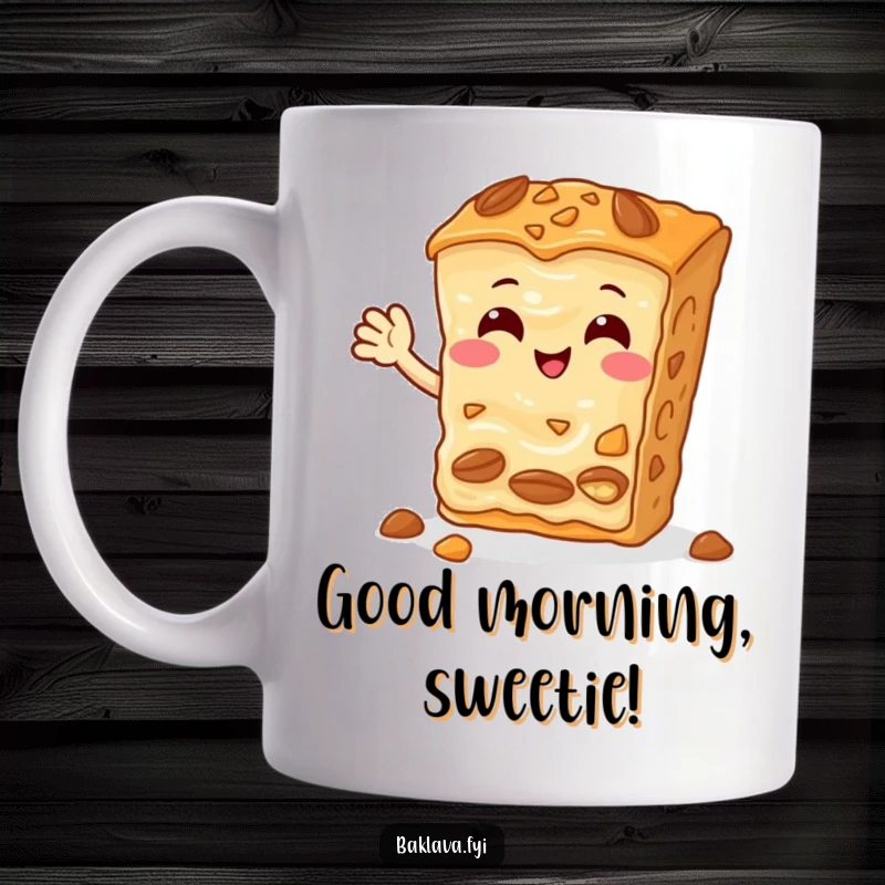 Funny Baklava Mug featuring a cheerful slice with nuts, joyfully waving hello with a sweet, inviting smile.
