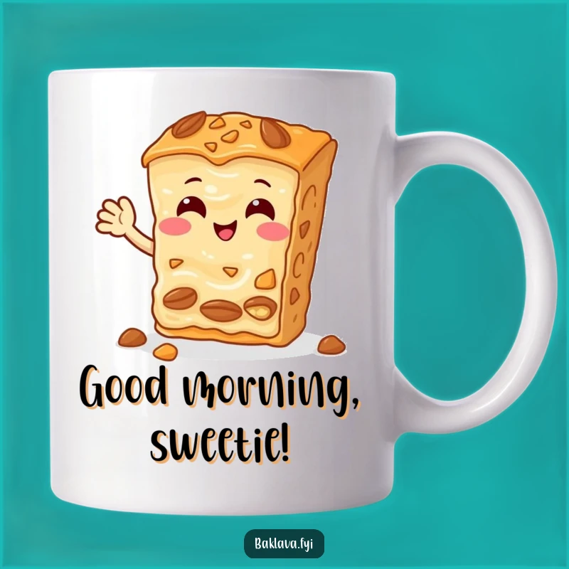 Funny Baklava Hello Mug: Cheerful Nutty Slice Waving, Perfect Gift for Dessert Lovers