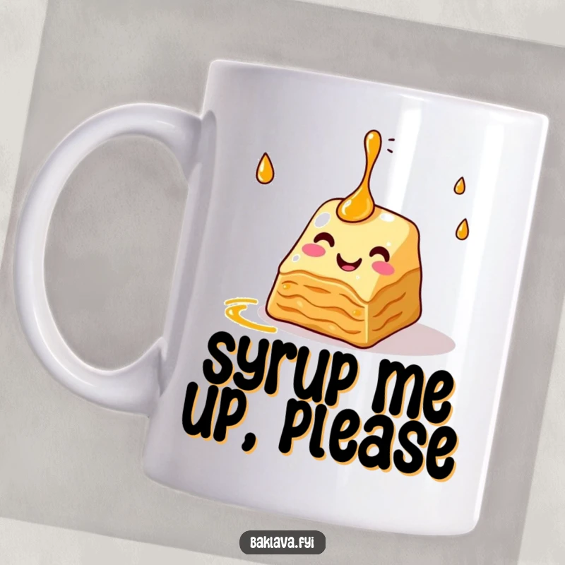 Funny baklava mug featuring a happy slice juggling syrup droplets, showcasing a sweet and humorous moment, perfect for dessert enthusiasts and coffee lovers.