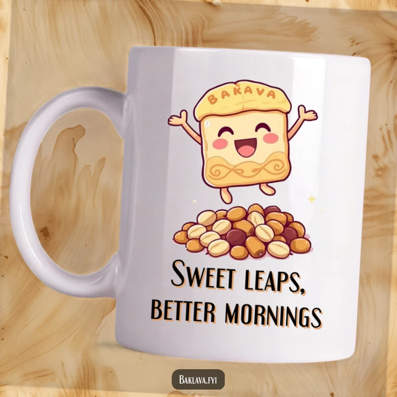 Funny baklava mug featuring a happy baklava character mid-air, joyfully leaping over a small pile of nuts, conveying pure delight.