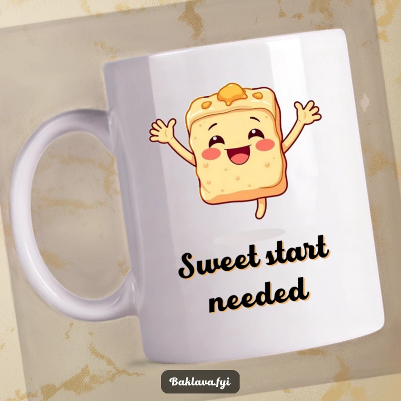 Funny baklava mug featuring a smiling, leaping piece of baklava radiating happiness and deliciousness.