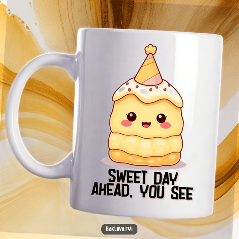 Funny baklava mug with a cute character wearing a tiny party hat, ready to celebrate, bringing sweet joy and humor to any kitchen.
