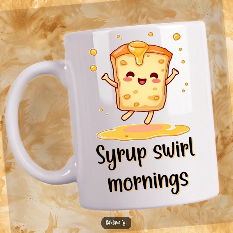 Funny mug with a sliver of baklava dancing gracefully, twirling a drizzle of syrup, celebrating deliciousness and joy.
