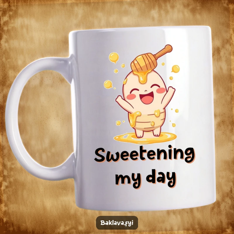 Funny honey dipper mug with a laughing dipper playfully sprinkling golden swirls, celebrating sweetness with a humorous touch.