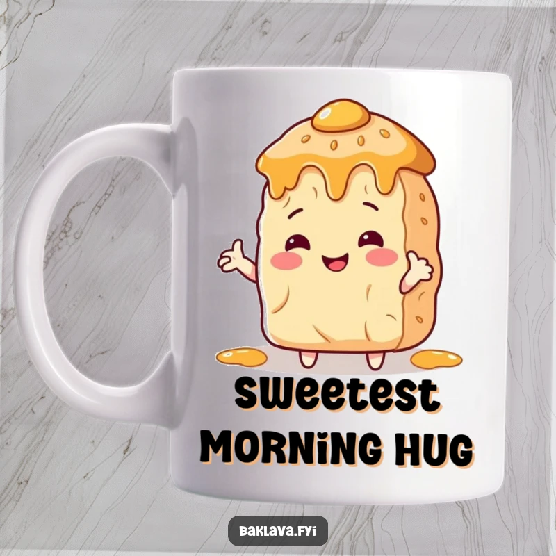 Funny Mug: A smiling baklava piece with arms hugs a honey pot, conveying sweet affection and humor.