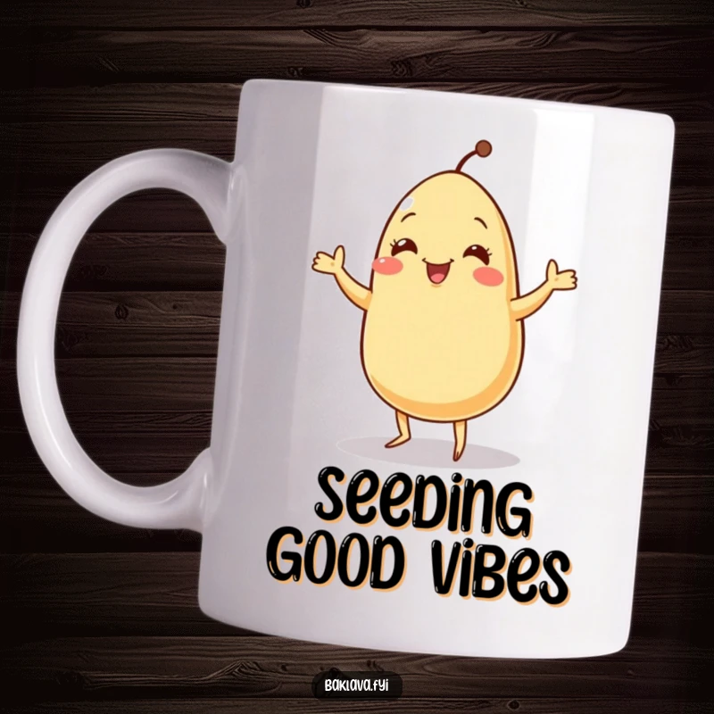 Funny jolly sesame seed doing a tiny jig on a ceramic coffee mug, radiating cheerful energy.