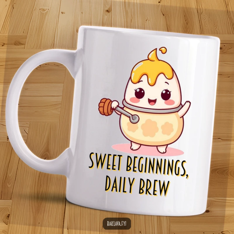 Funny Kawaii honey pot character with a tiny ladle, stirring enthusiastically, depicted on a cute and humorous mug, perfect for gifting.