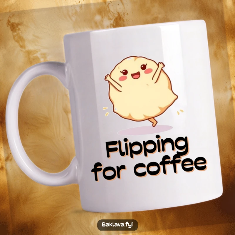 Funny phyllo dough sheet mug performing a cheerful cartwheel, showcasing an energetic and delicate pastry.