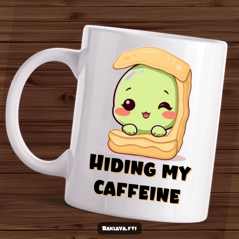 Funny mug featuring a cute, shy pistachio nut peeking from behind a sweet baklava layer, conveying adorable bashfulness. Dessert lover humor.