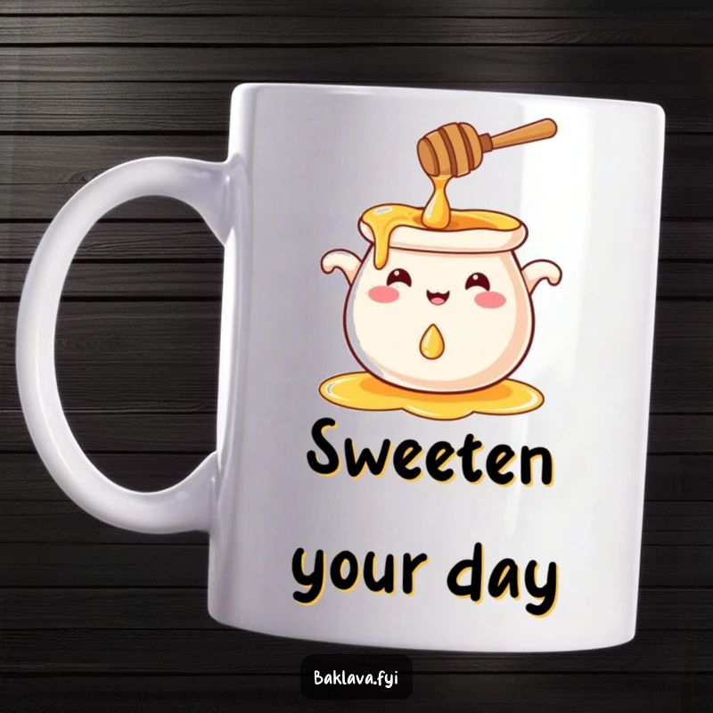 Funny smiling honey pot splashing a tiny droplet, a sweet and funny mug.