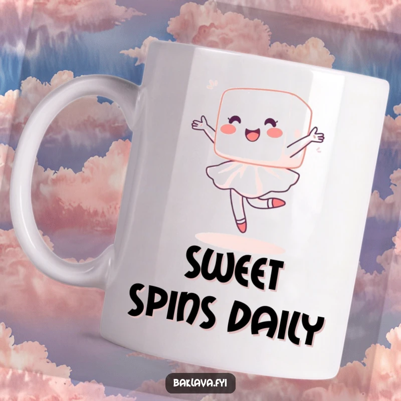 Funny sugar cube mug with a delighted cube performing a ballet pirouette, celebrating sweetness with elegant humor.