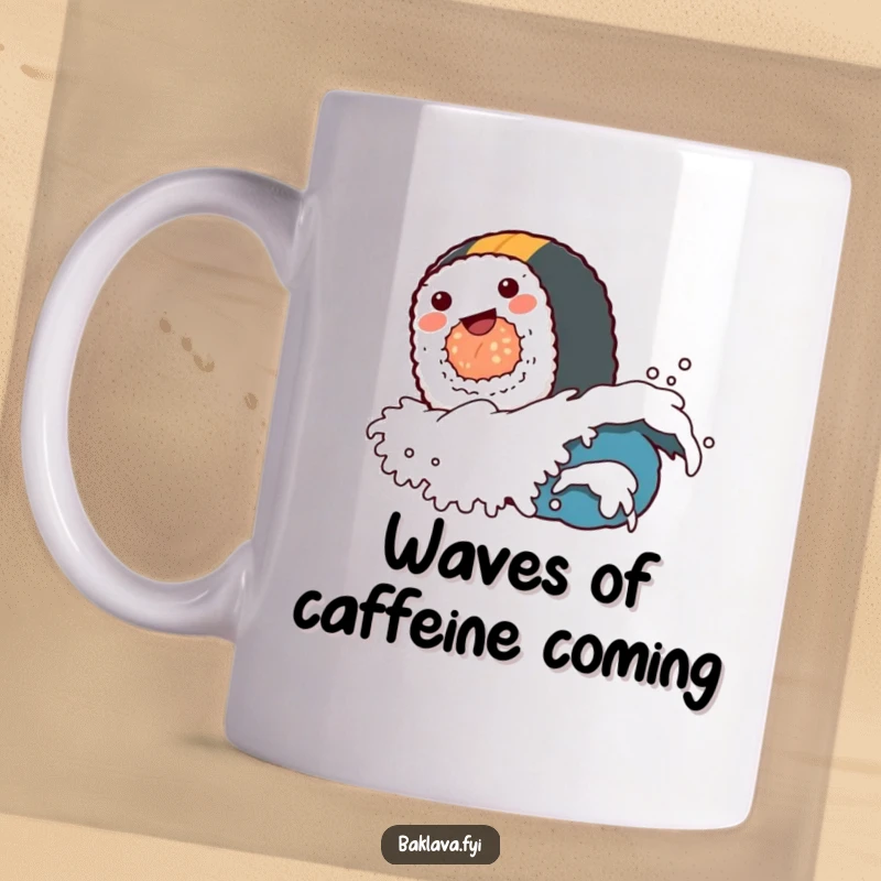 A funny sushi roll character joyfully surfing on a small ocean wave, perfect for a funny gift mug.