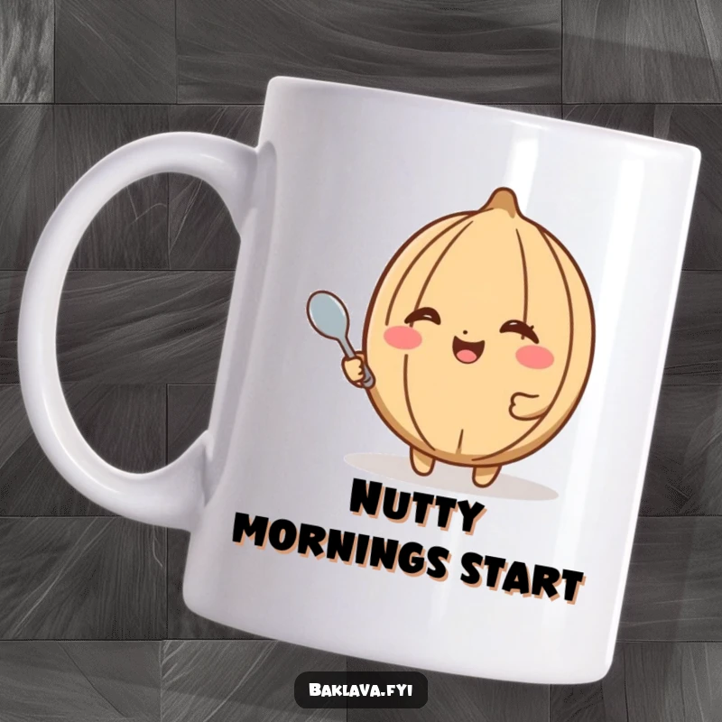 Funny walnut mug with a happy walnut winking and holding a tiny spoon, celebrating snack time with nutty humor.