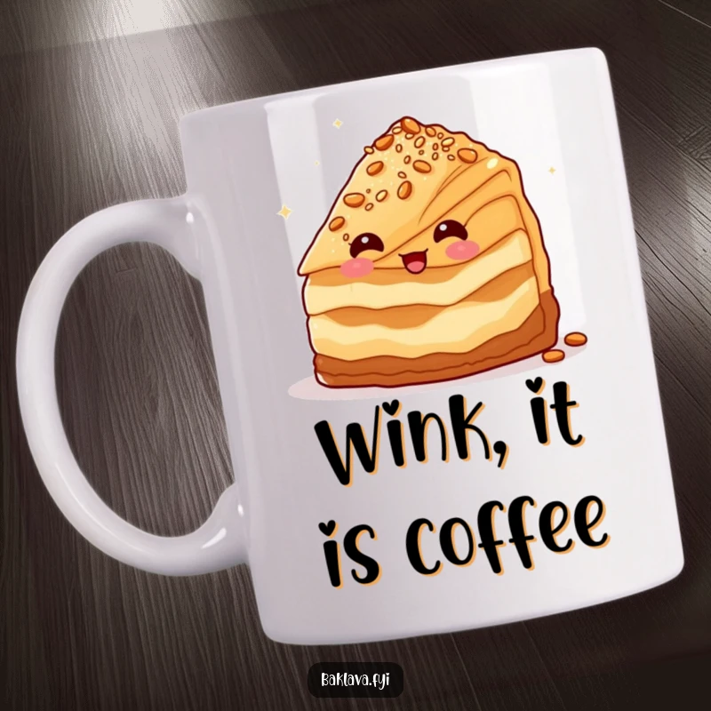 Funny baklava slice character winking slyly with a dusting of nuts, celebrating dessert, perfect funny gift mug.