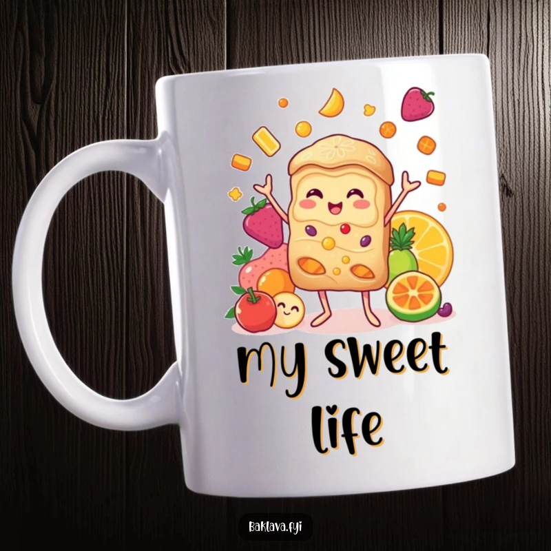 Funny baklava mug with a smiling character joyfully juggling colorful candied fruits, radiating pure happiness and deliciousness.