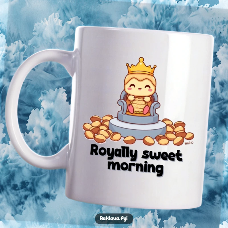 Funny shy baklava mug wearing a tiny crown, hesitantly approaching a throne made of pistachios, a regal and humorous scene.