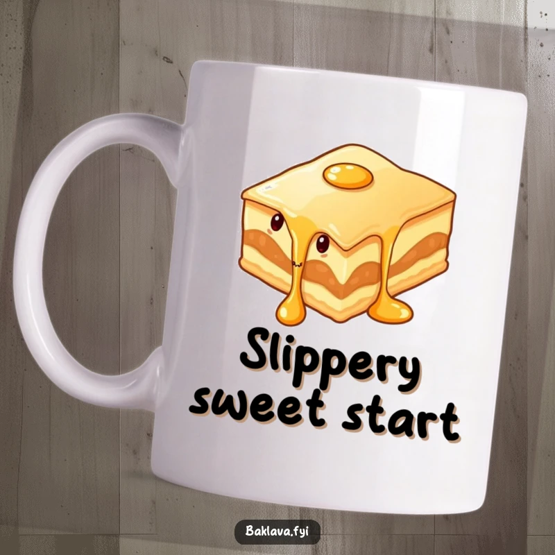 Funny wiggling baklava slice with syrup dripping onto a mug, capturing a moment of saucy, humorous indulgence.