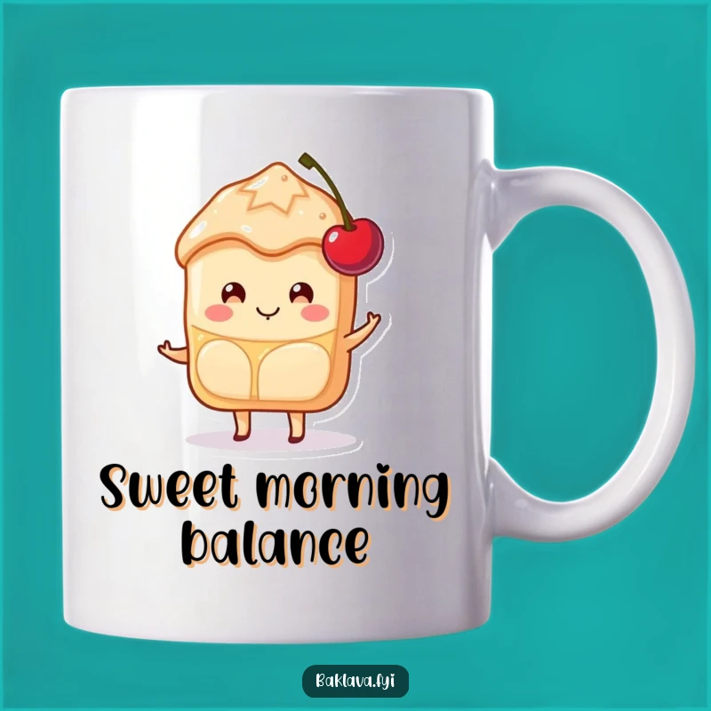 Funny Baklava Cherry Mug: Happy Smiling Slice Balancing, Sweet Dessert Lover's Gift