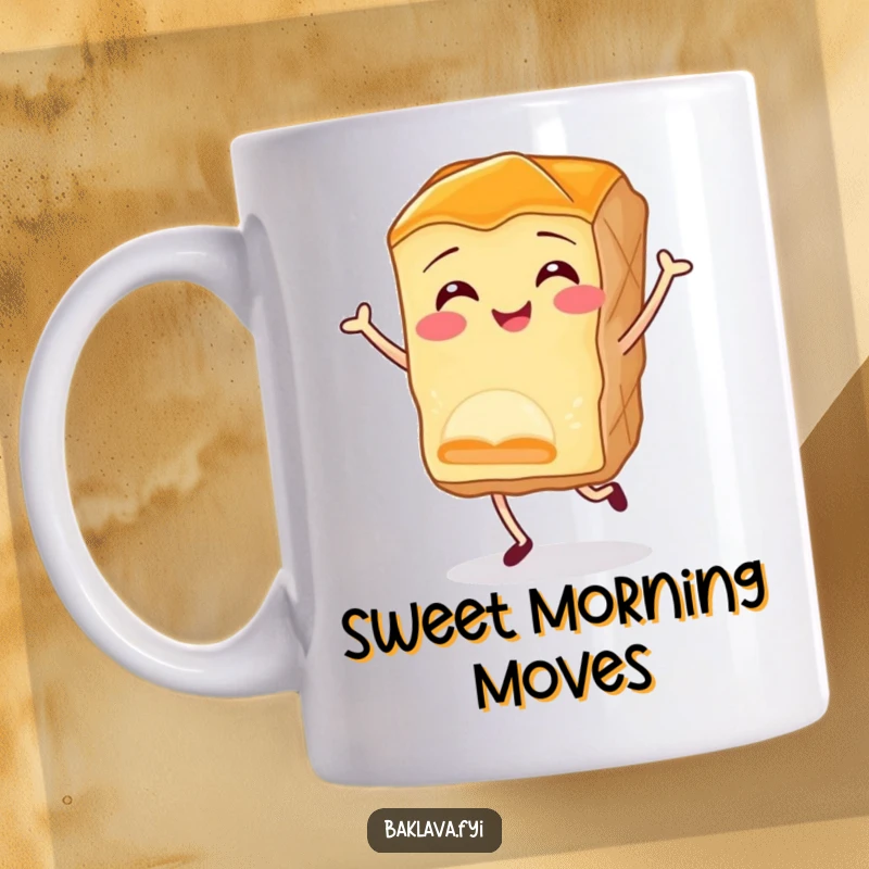 Funny baklava mug with a smiling piece of pastry performing a joyful little jig, celebrating dessert with a happy dance.