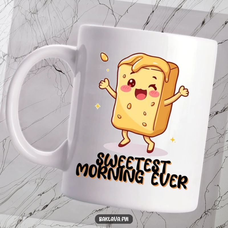 Funny piece of syrupy baklava doing a happy dance, a delicious and funny mug.