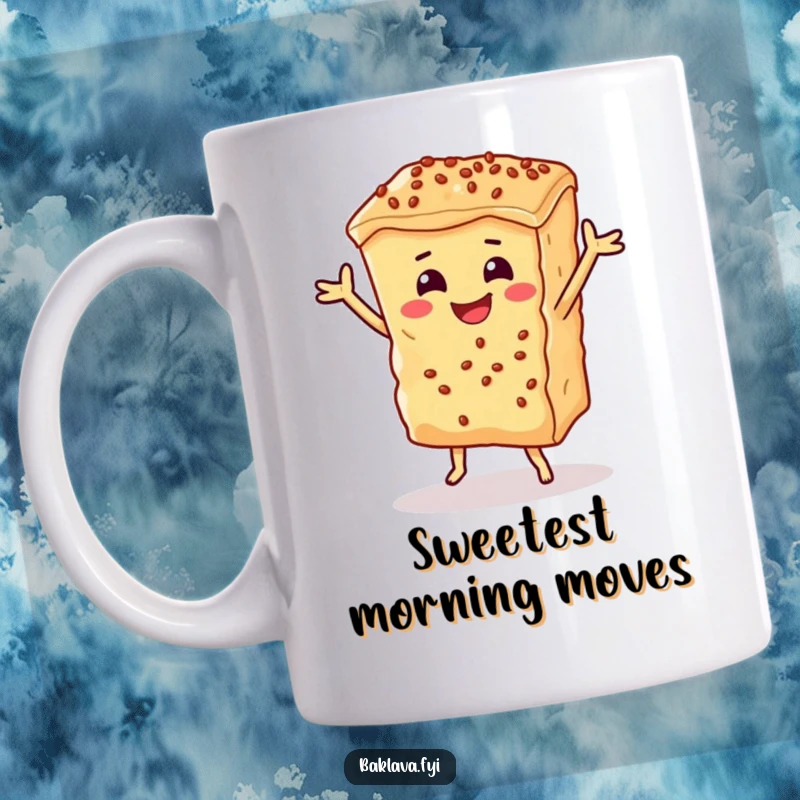 Funny smiling baklava piece doing a happy dance on a mug, radiating pure joy and dessert-themed humor.